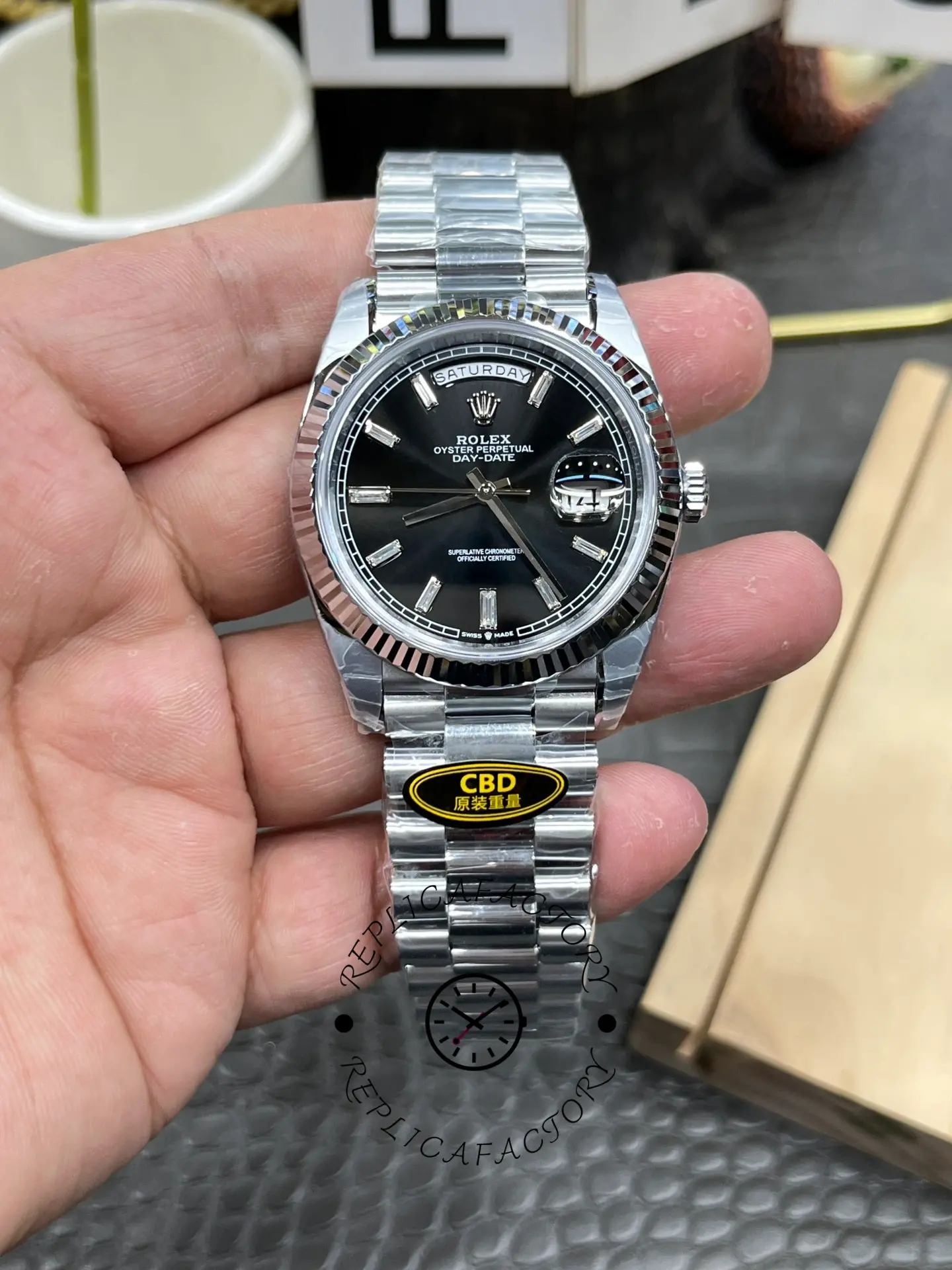 Rolex Day-Date 40mm 228239 0005 Black Diamond Dial Fluted Bezel Mens Replica Watch - QualitySwissReplica
