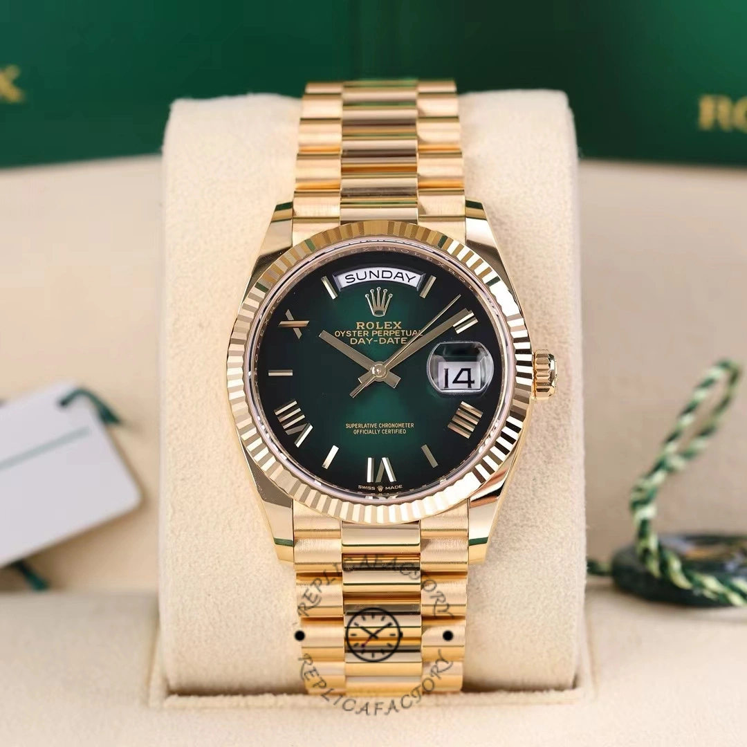 Rolex Day Date 36mm Fluted Bezel Green Ombre Dial President Bracelet m128238 0118 - QualitySwissReplica