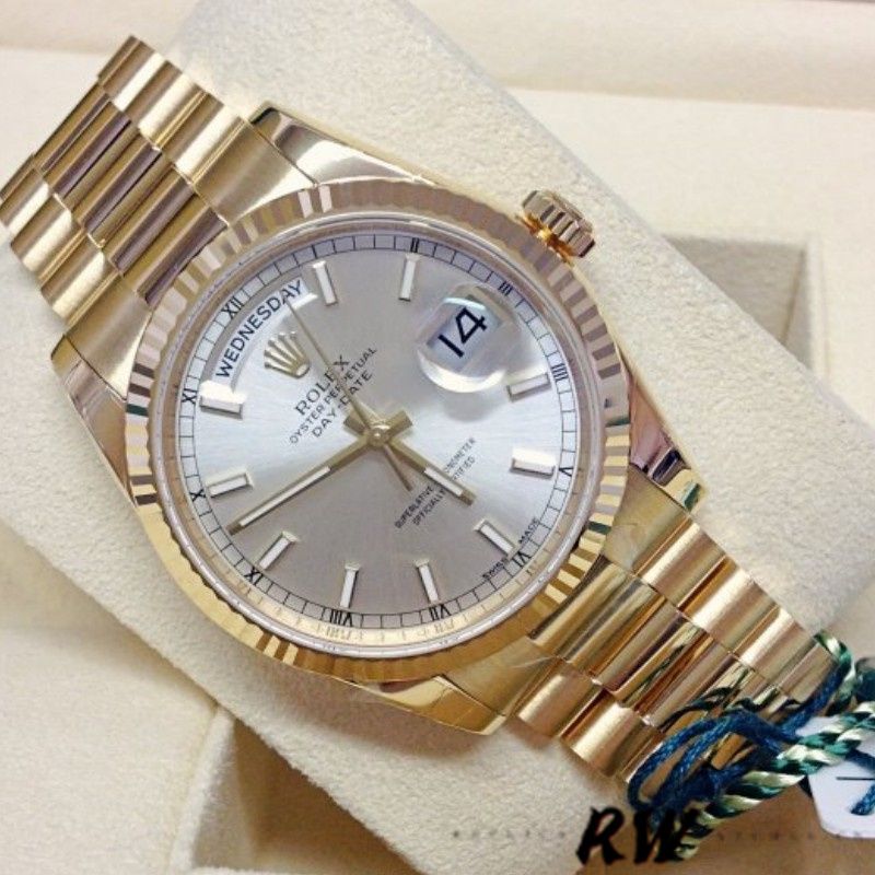 Rolex Day-Date 118238 Silver dial Fluted Bezel 36mm Unisex Replica Watch - QualitySwissReplica
