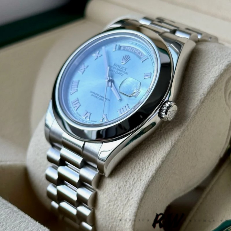 Rolex Day-Date 218206 Ice Blue Roman Numeral Dial Platinum 41MM Mens Replica Watch - QualitySwissReplica