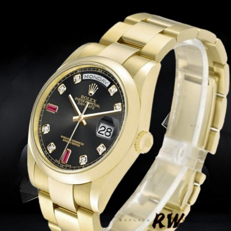 Rolex Day-Date 118208 Black Diamond Dial Yellow Gold case 36mm Unisex Replica Watch - QualitySwissReplica