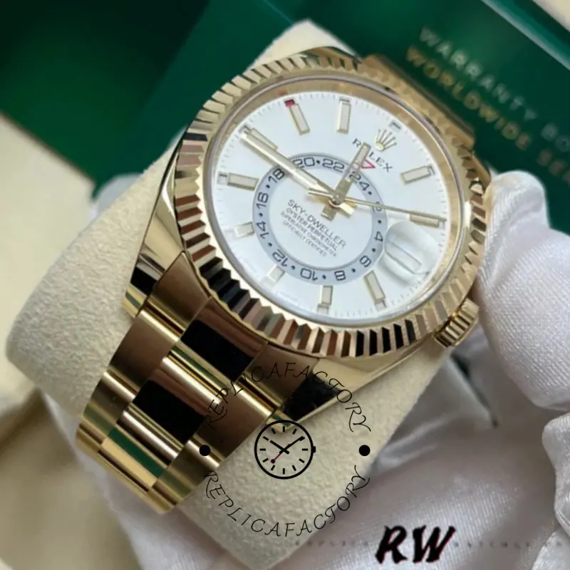 Rolex Sky-Dweller 326938 Yellow Gold White Dial 42mm Mens Replica Watch - QualitySwissReplica