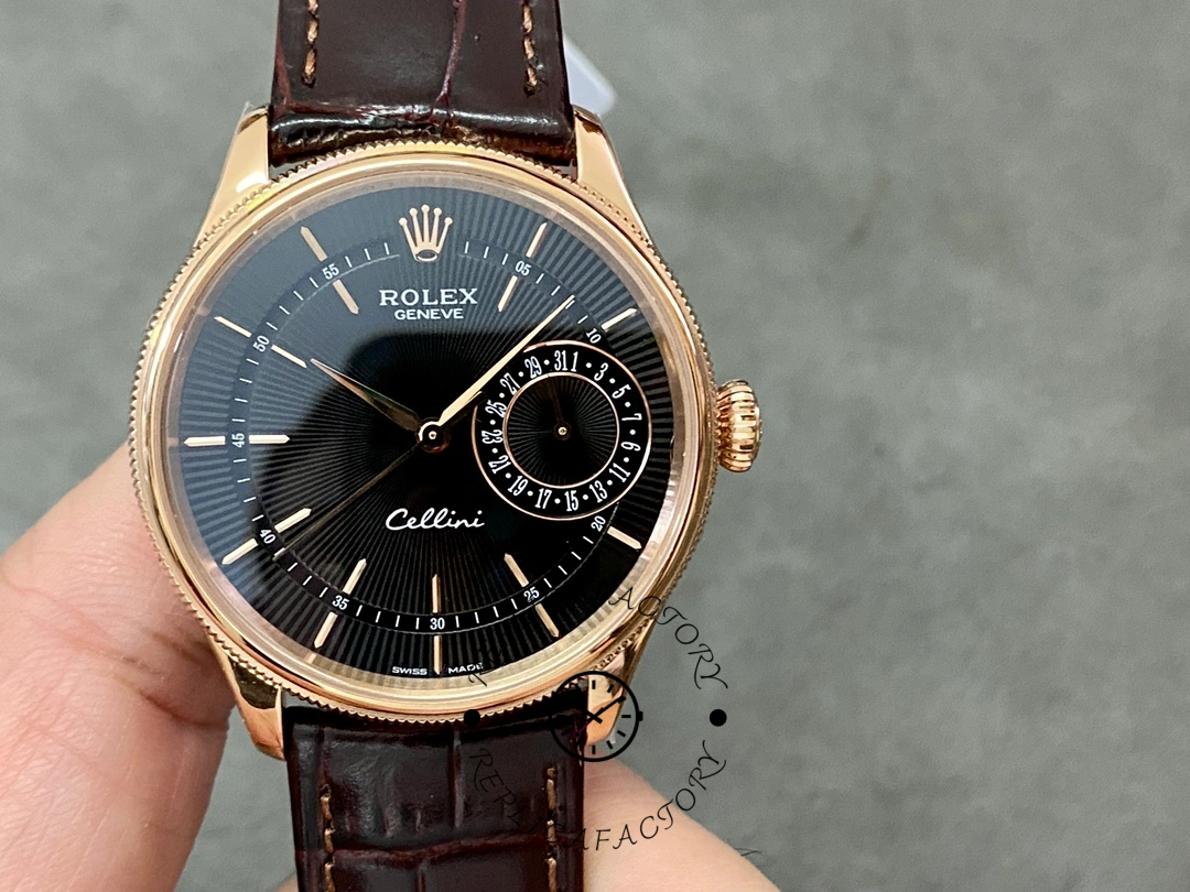 Rolex Cellini Date 50515 Brown Leather Black Index Dial 39mm Mens Replica Watch - QualitySwissReplica
