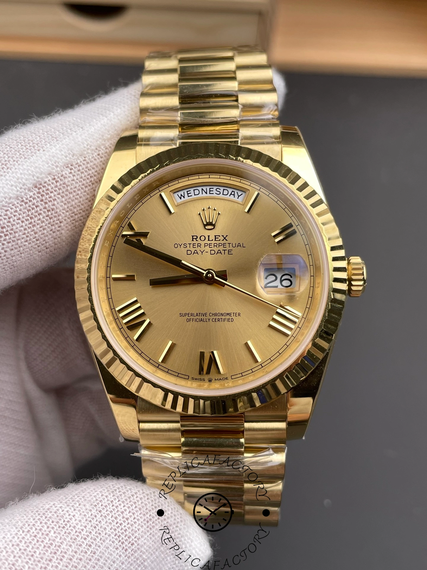 Rolex Day-Date 228238 Champagne Roman Dial Fluted Bezel 40mm Mens Replica Watch - QualitySwissReplica