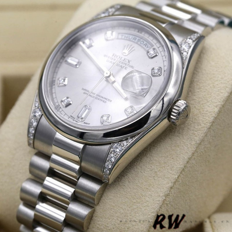 Rolex Day-Date 118296 Platinum Silver Dial Diamond 36mm Unisex Replica Watch - QualitySwissReplica
