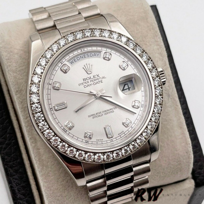 Rolex Day-Date 218349 Silver Diamond Dial 41MM Mens Replica Watch - QualitySwissReplica