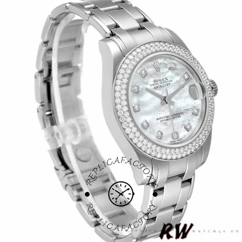 Rolex Pearlmaster 81339 White MOP Diamond Dial 34mm Lady Replica Watch - QualitySwissReplica