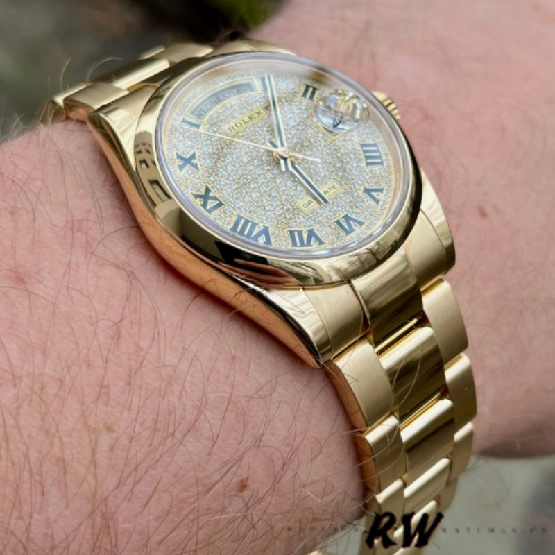 Rolex Day-Date 118238 Yellow Gold Pave diamond dial 36mm Unisex Replica Watch - QualitySwissReplica