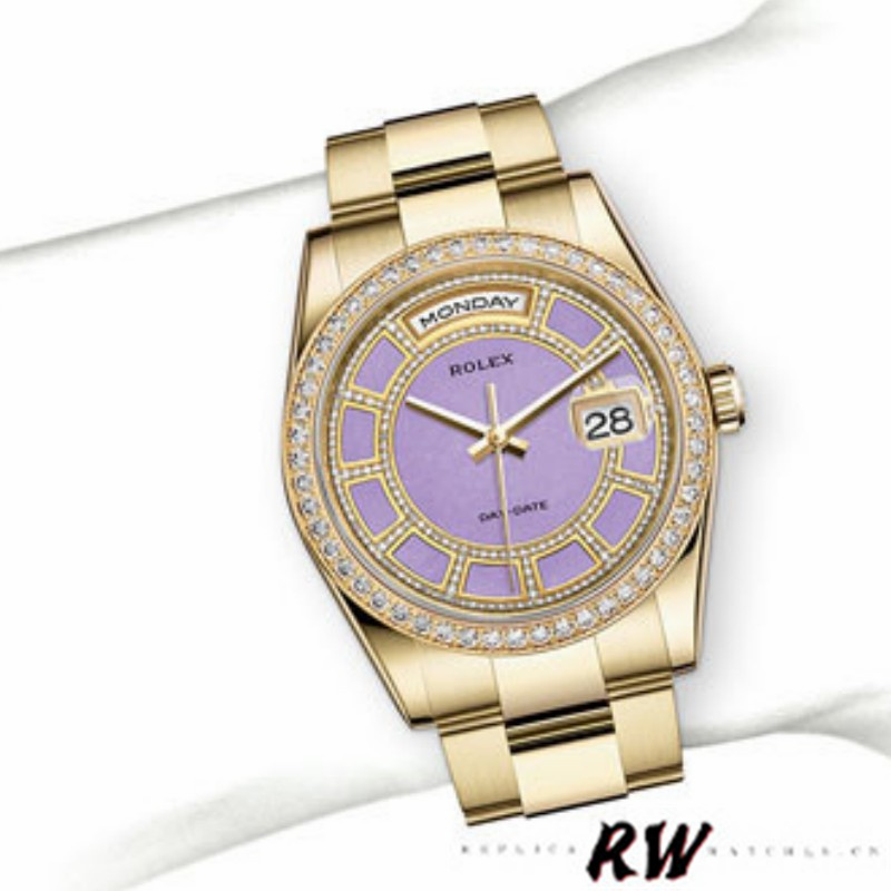 Rolex Day Date 118348 Lavender Jade Carousel Dial Yellow Gold 36mm Unisex Replica Watch - QualitySwissReplica