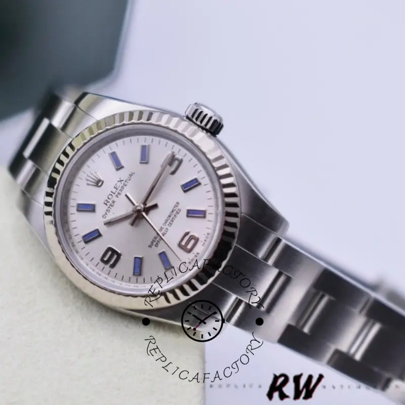Rolex Oyster Perpetual 176234 Silver Dial Blue Baton 26MM Lady Replica Watch - QualitySwissReplica