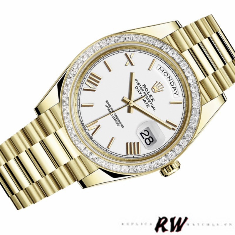 Rolex Day-Date 228398TBR White Roman Numeral Dial Diamond Bezel 40mm Mens Replica Watch - QualitySwissReplica