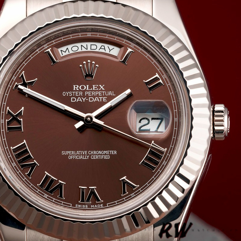 Rolex Day-Date 218239 Chocolate Brown Roman Numerals Dial White Gold 41MM Mens Replica Watch - QualitySwissReplica
