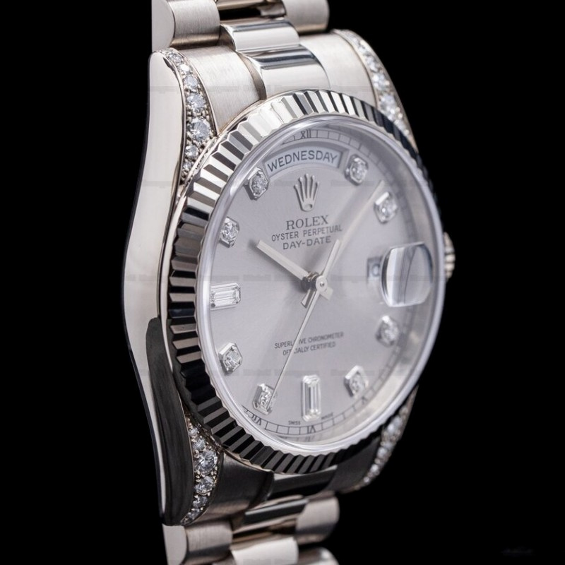 Rolex Day Date 118339 White Gold Silver Dial Fluted Bezel 36mm Unisex Replica Watch - QualitySwissReplica