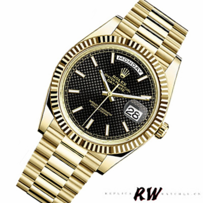 Rolex Day-Date 228238 Black Diagonal Motif Dial Fluted Bezel 40mm Mens Replica Watch - QualitySwissReplica