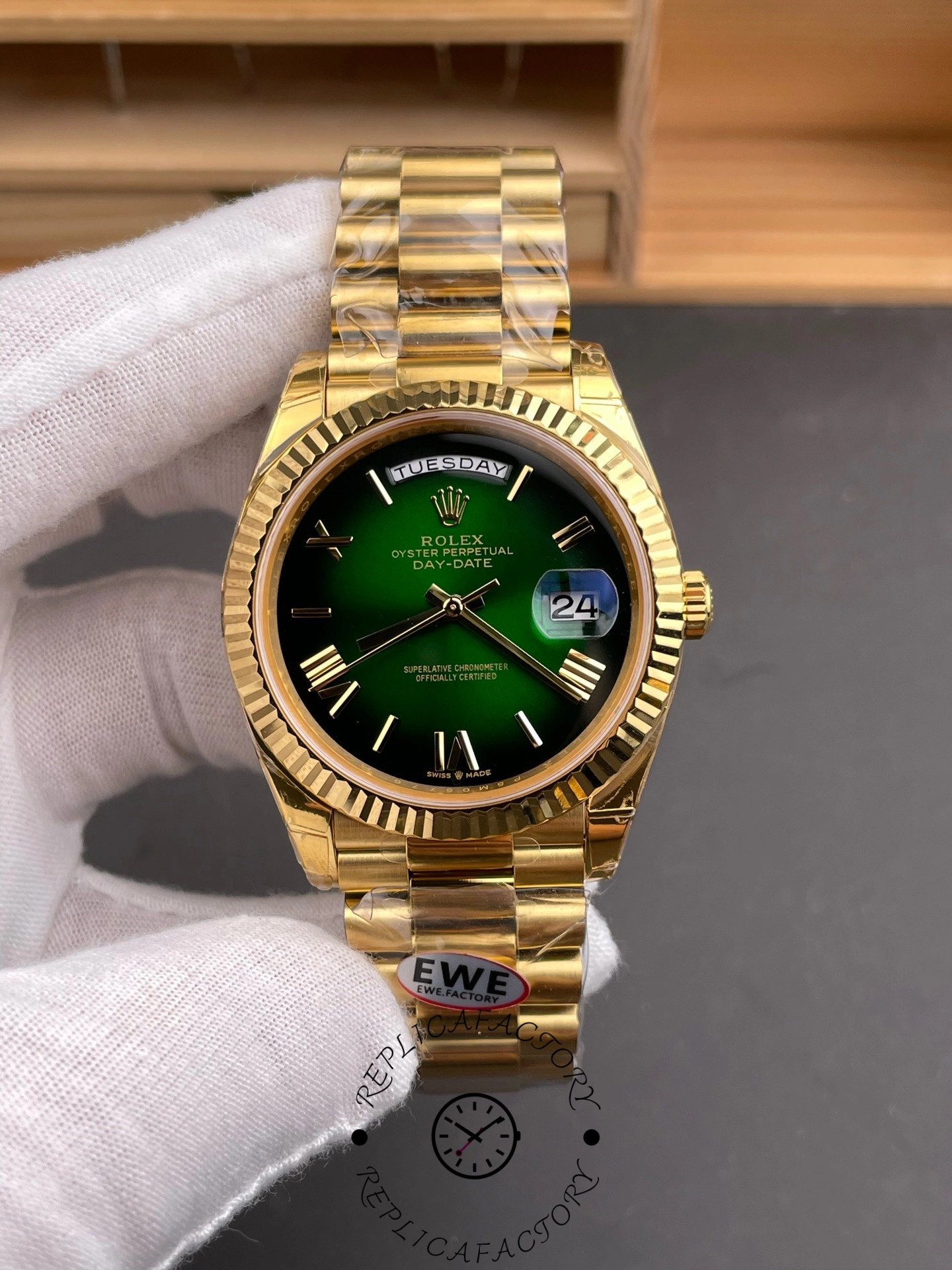 Rolex Day Date 40 Yellow Gold Green Ombre Dial M228238 0069 Replica - QualitySwissReplica
