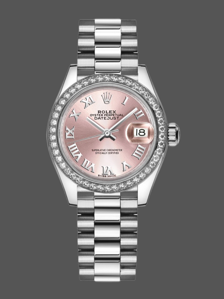 Rolex Datejust Diamond Bezel Pink Dial Roman Numerals hour markers 279136RBR 28mm Lady Replica Watch - QualitySwissReplica