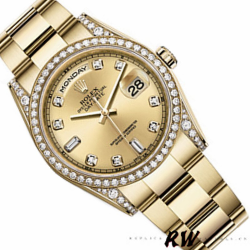 Rolex Day-Date 118388 Diamond Bezel Champagne Dial 36MM Unisex Replica Watch - QualitySwissReplica