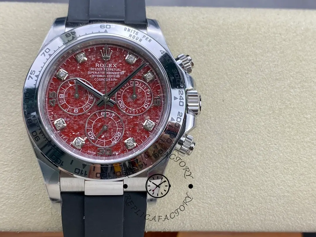 Rolex Cosmograph Daytona 40MM White Gold Rare Rubellite Dial 116509 Rubber Strap - QualitySwissReplica