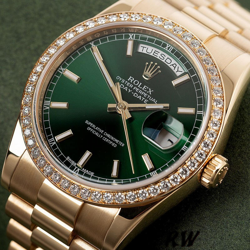 Rolex Day Date 118348 Green Index Dial Yellow Gold 36mm Unisex Replica Watch - QualitySwissReplica