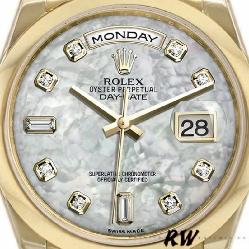 Rolex Day-Date 118208 Yellow Gold Mother of Pearl Diamond Dial 36mm Unisex Replica Watch - QualitySwissReplica