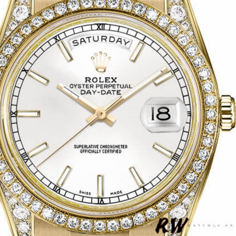 Rolex Day-Date 118388 Yellow Gold White Dial 36MM Unisex Replica Watch - QualitySwissReplica