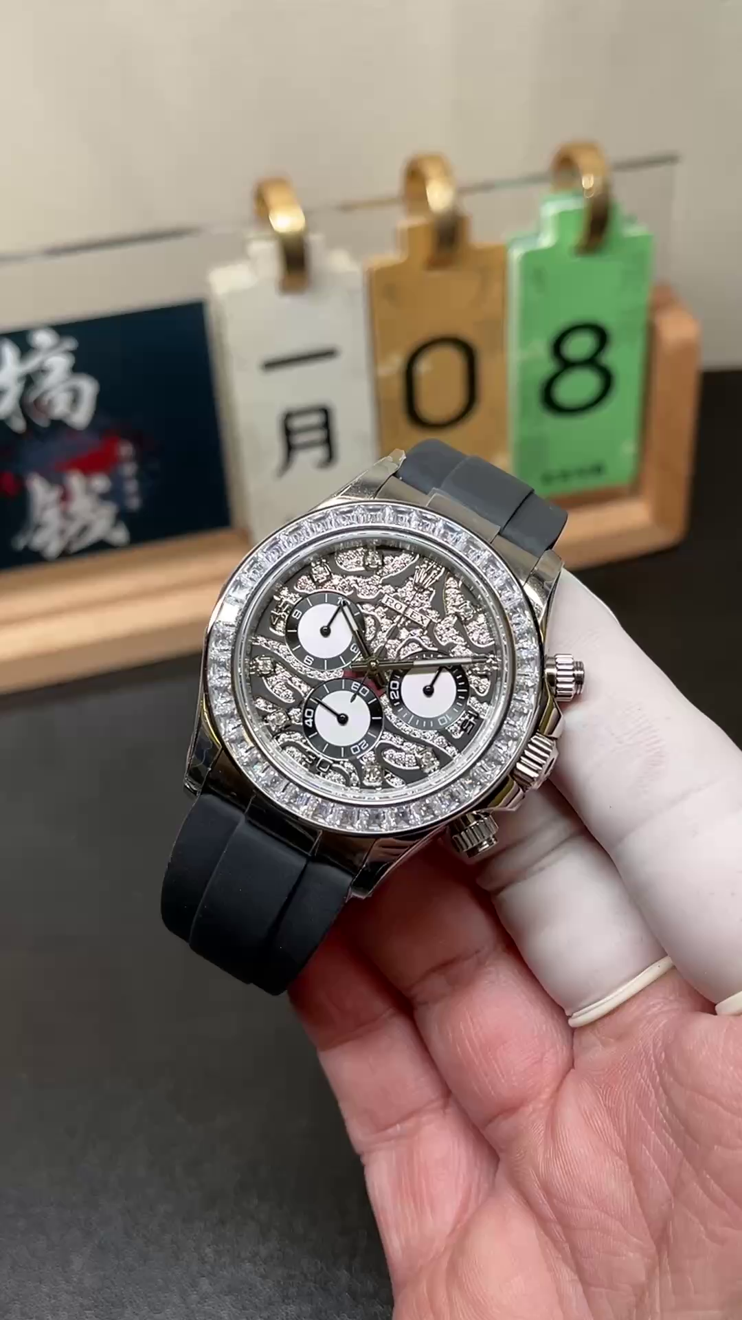 Rolex Daytona 40mm Eye of the Tiger White Gold Diamond Dial Oysterflex 116589TBR - QualitySwissReplica