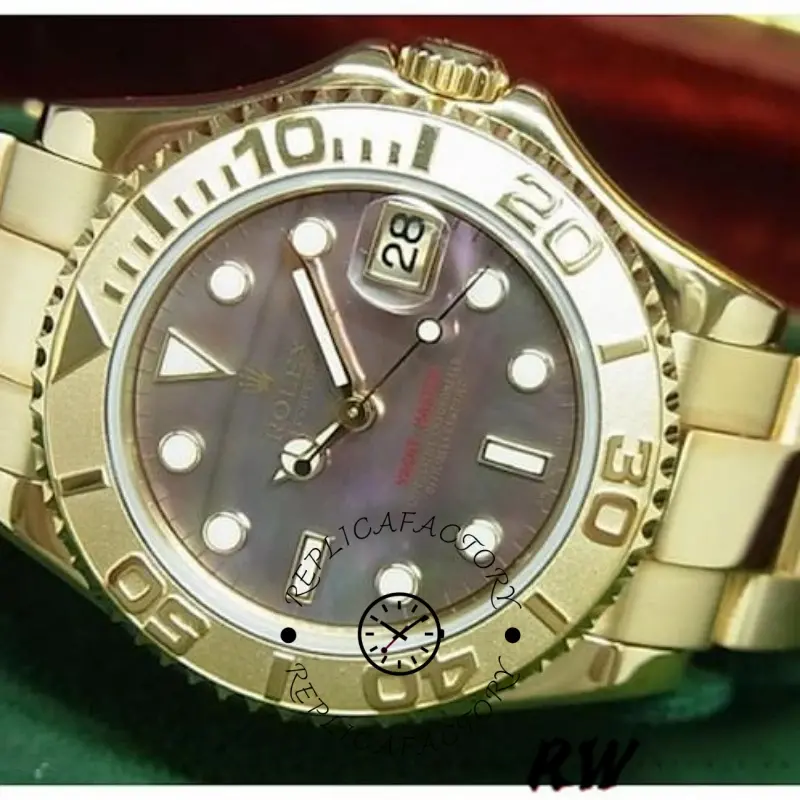 Rolex Yacht-Master 169628 Yellow Gold Black MOP Dial 29MM Lady Replica Watch - QualitySwissReplica