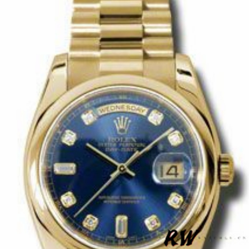 Rolex Day-Date 118208 Yellow Gold Blue Diamond Dial 36mm Unisex Replica Watch - QualitySwissReplica
