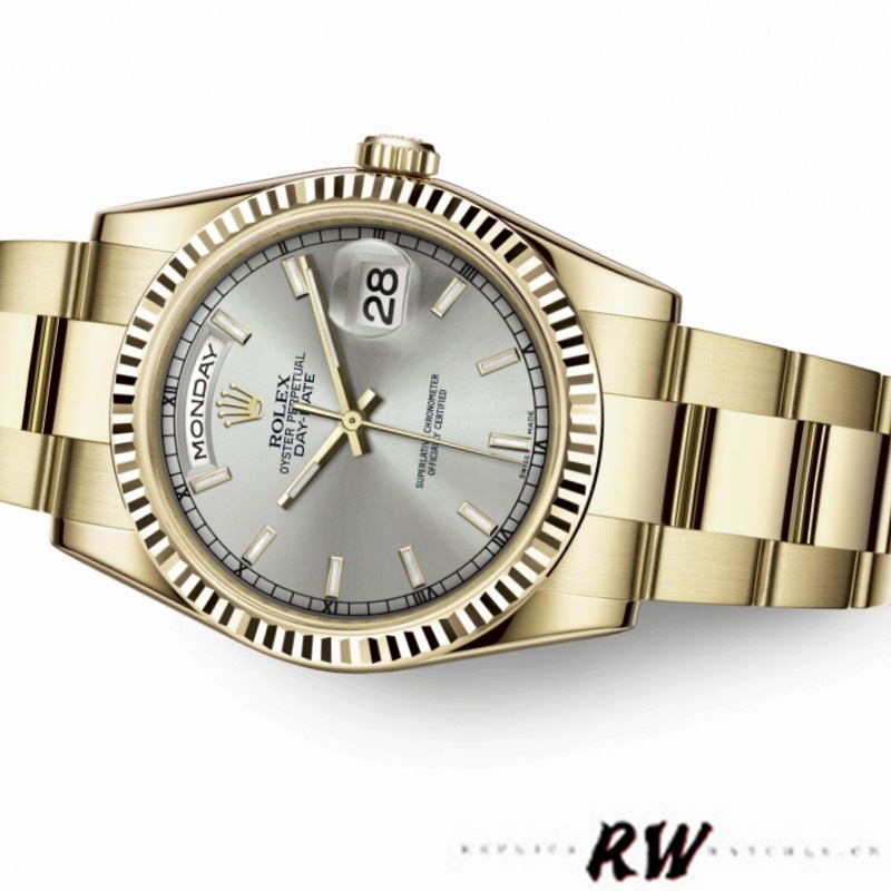 Rolex Day-Date 118238 Yellow Gold Silver dial Fluted Bezel 36mm Unisex Replica Watch - QualitySwissReplica
