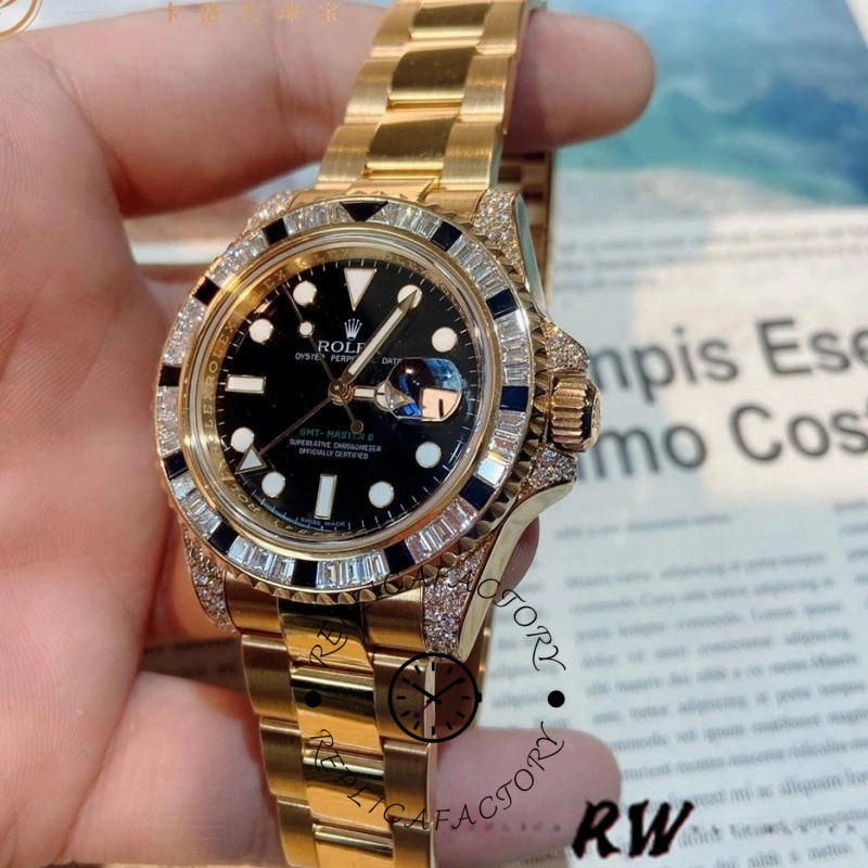 Rolex GMT-Master II 116758 Yellow Gold Black Dial Diamonds 40mm Mens Replica Watch - QualitySwissReplica