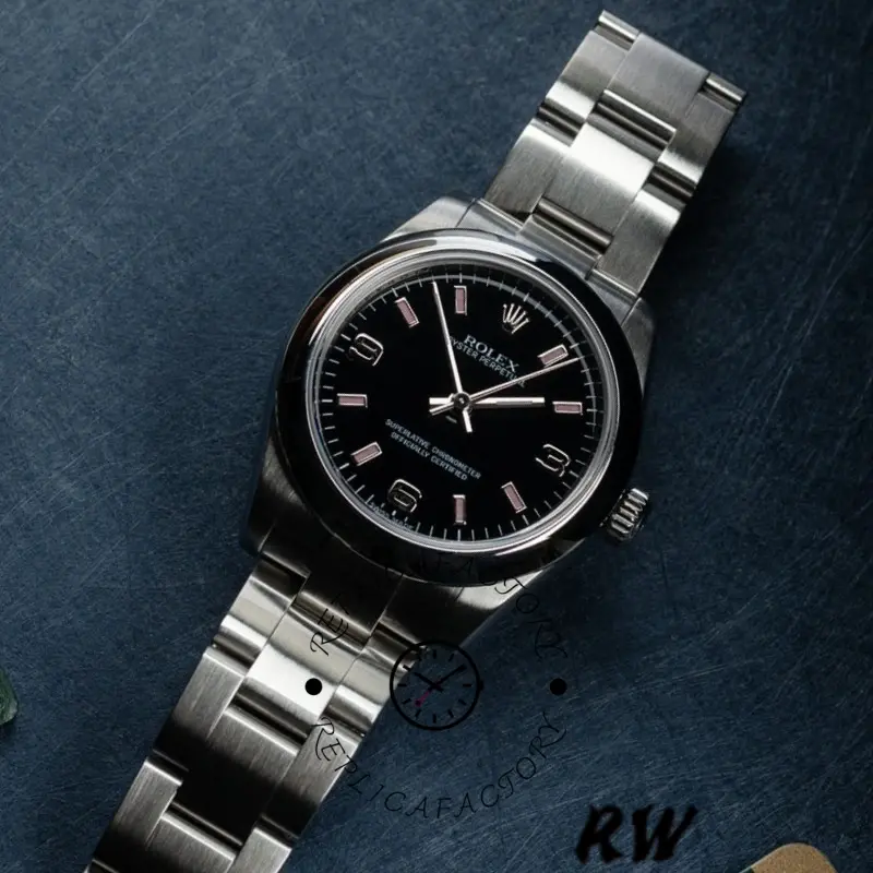 Rolex Oyster Perpetual 177200 Black Dial Pink Baton 31mm Lady Replica Watch - QualitySwissReplica