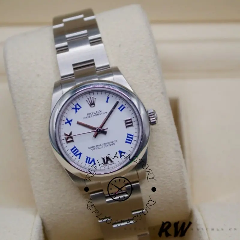 Rolex Oyster Perpetual 177200 White Dial Blue Roman Oyster Bracelet 31mm Lady Replica Watch - QualitySwissReplica