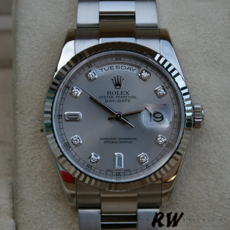 Rolex Day-Date 118239 Silver Diamond Dial fluted bezel 36mm Unisex Replica Watch - QualitySwissReplica