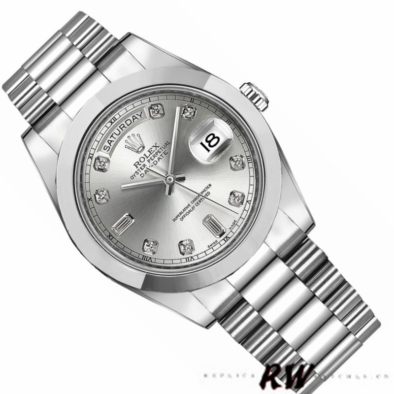 Rolex Day-Date 218206 Silver Diamond Dial Platinum 41MM Mens Replica Watch - QualitySwissReplica