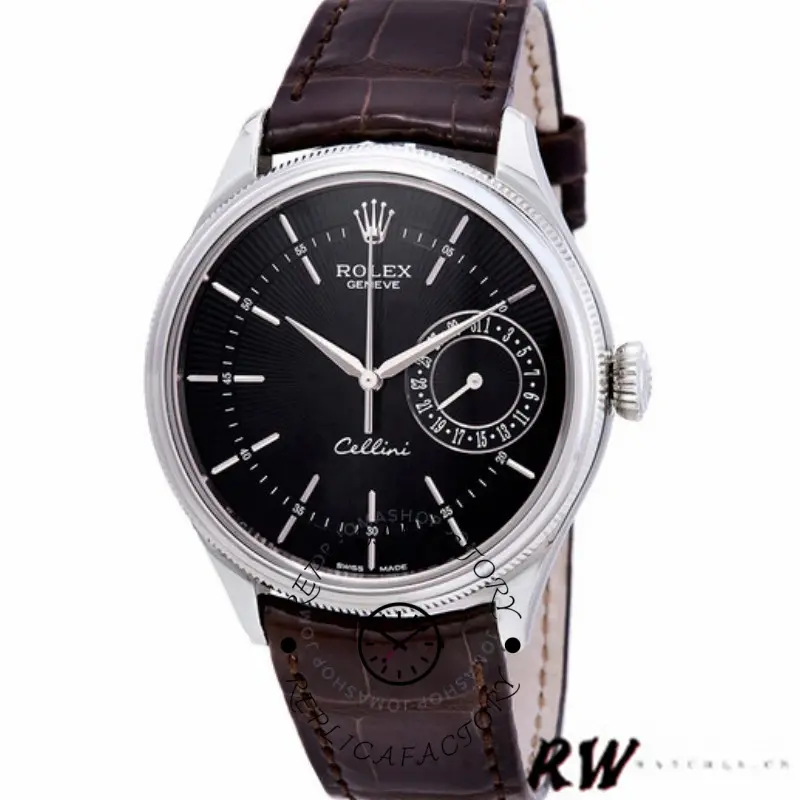 Rolex Cellini Date 50519 Brown Leather Black Dial 39mm Mens Replica Watch - QualitySwissReplica