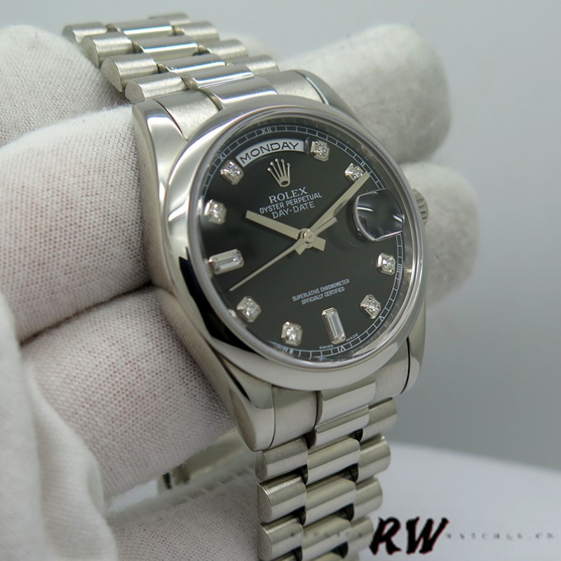 Rolex Day Date 118206 Platinum Black Diamond Dial 36mm Unisex Replica Watch - QualitySwissReplica