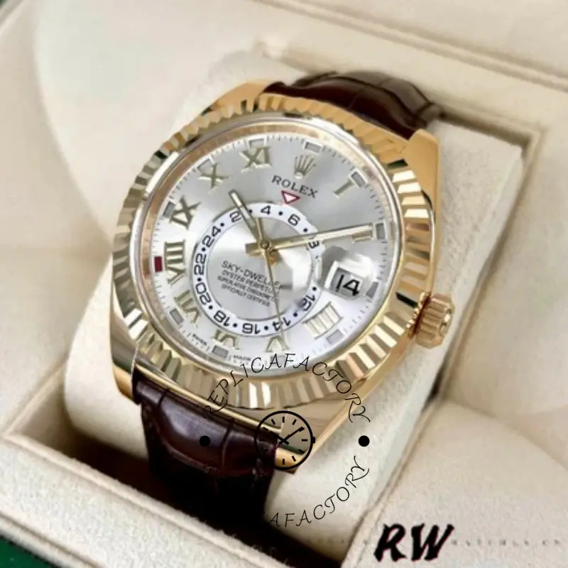 Rolex Sky-Dweller 326138 Sunray Silver Dial Yellow Gold 42MM Mens Replica Watch - QualitySwissReplica
