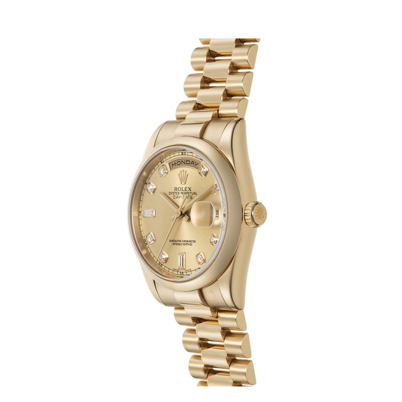 Rolex Day-Date 118208 Yellow Gold Champagne Diamond Dial 36mm Unisex Replica Watch - QualitySwissReplica