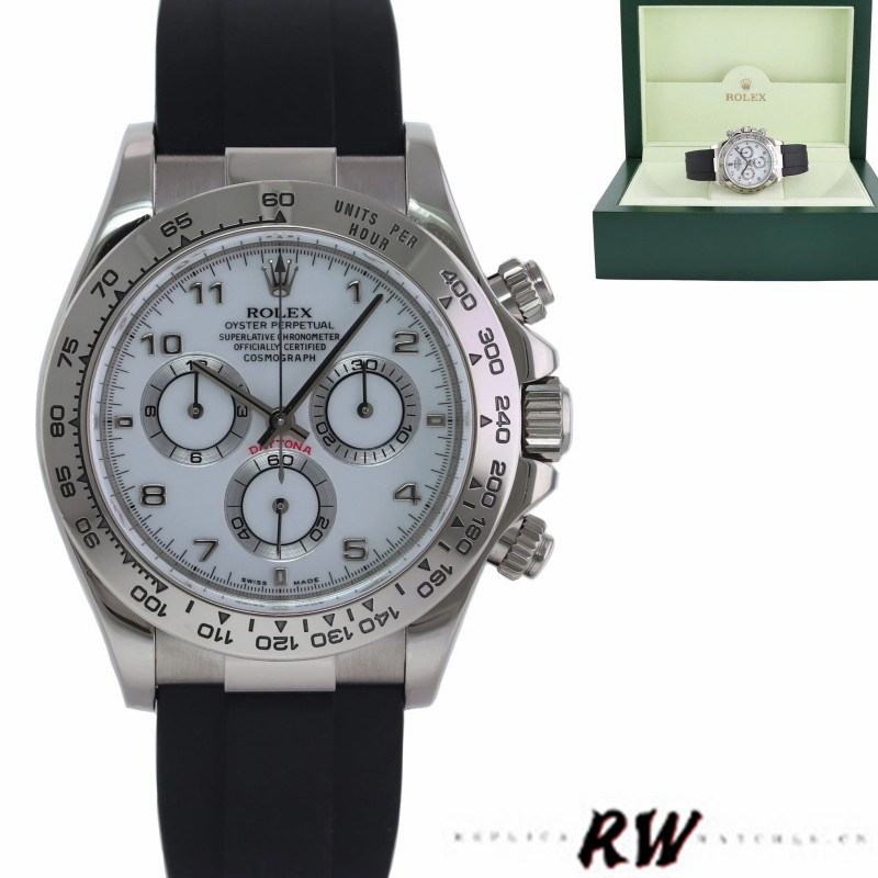 Rolex Daytona 116519 white Arabic dial Black Rubber strap 40mm Mens Replica Watch - QualitySwissReplica