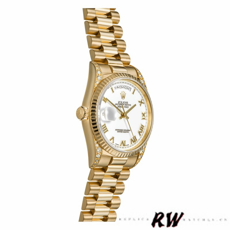 Rolex Day-Date 118338 Yellow gold White Roman Dial 36mm Unisex Replica Watch - QualitySwissReplica