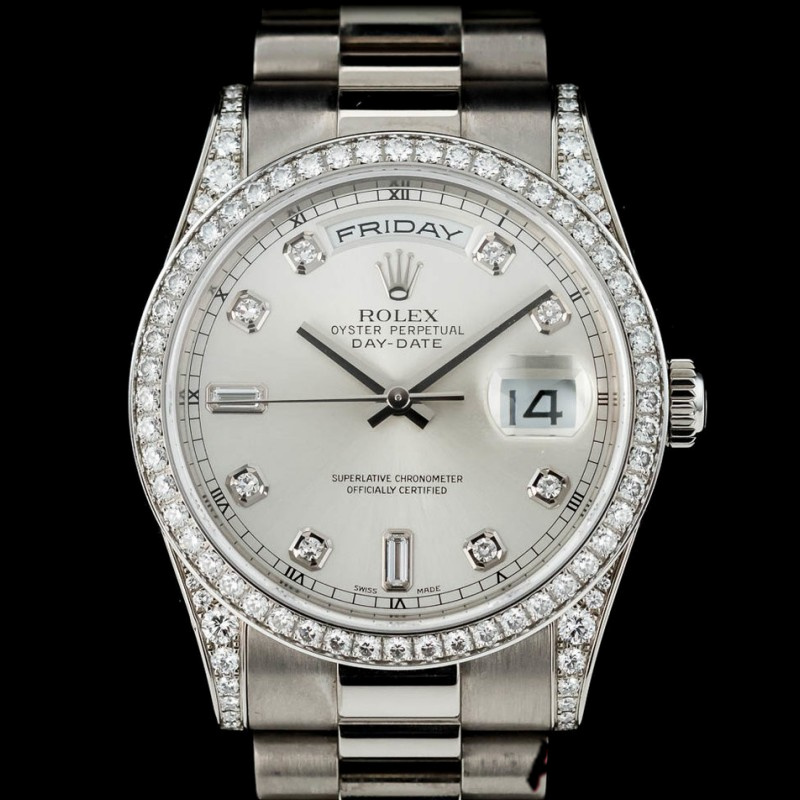 Rolex Day-Date 118389 White Gold Silver Diamond dial 36MM Unisex Replica Watch - QualitySwissReplica
