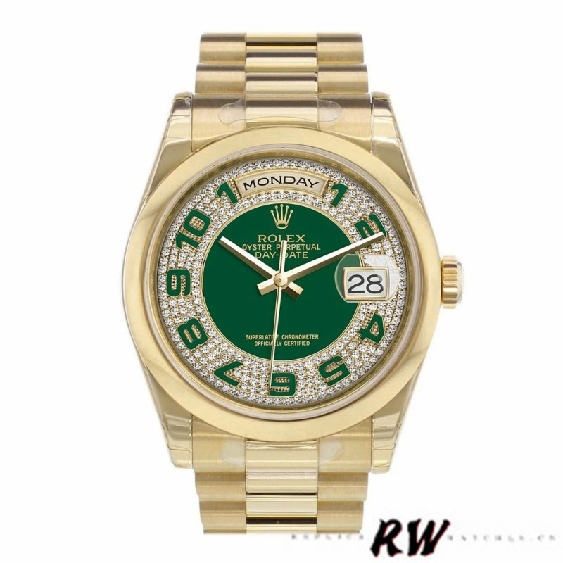 Rolex Day-Date 118208 Yellow Gold Green Diamond Paved Arabic Dial 36mm Unisex Replica Watch - QualitySwissReplica
