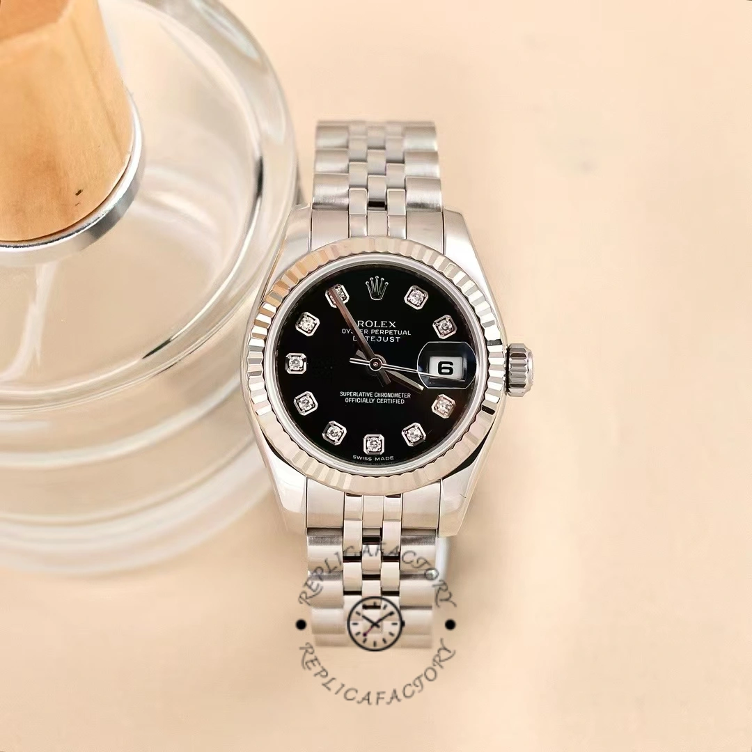 Rolex Datejust 179174 Black Diamond Dial Fluted Bezel 26MM Lady Replica Watch - QualitySwissReplica