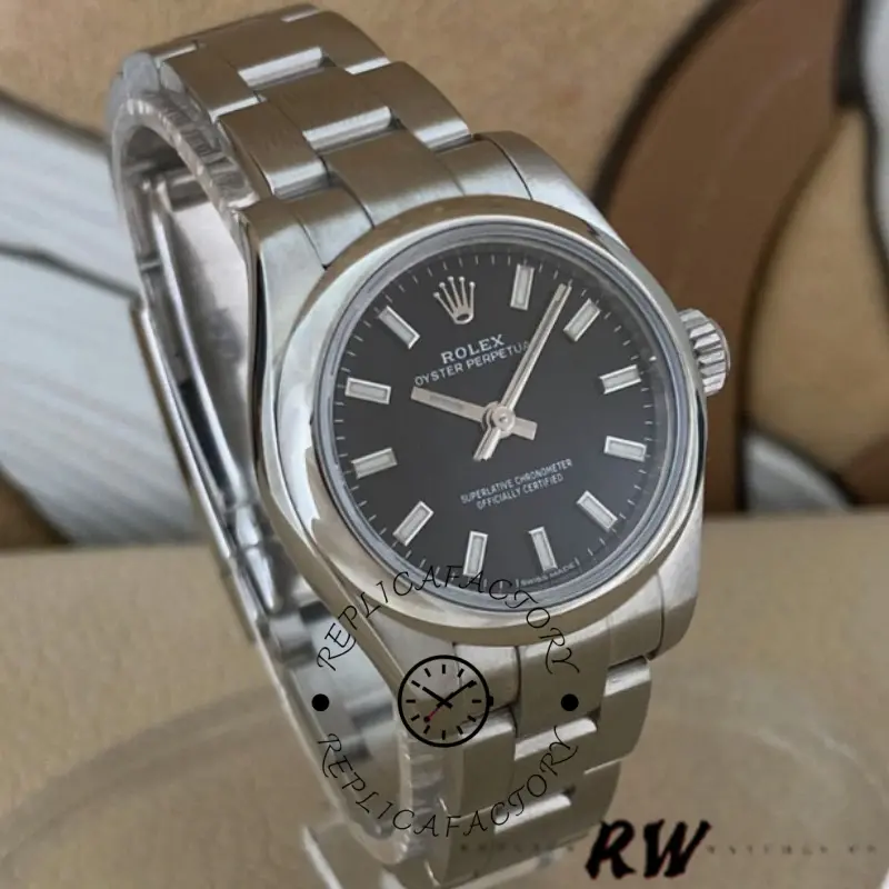 Rolex Oyster Perpetual 176200 Stainless Steel Black Index Dial 26MM Lady Replica Watch - QualitySwissReplica