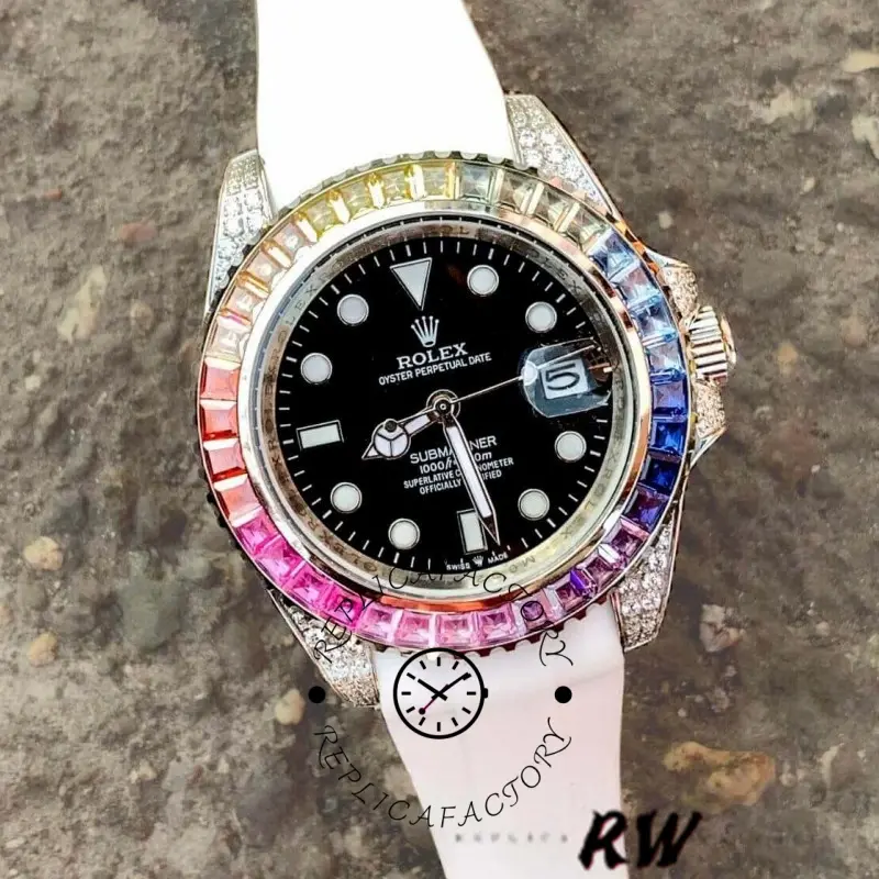 Rolex Submariner 116610 Black Dial White Rubber strap 40mm Mens Replica Watch - QualitySwissReplica