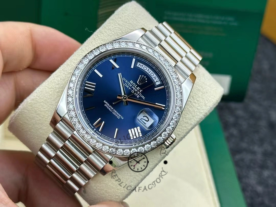Rolex Day-Date 228349RBR Blue Roman Dial Diamond Bezel 40mm Mens Replica Watch - QualitySwissReplica