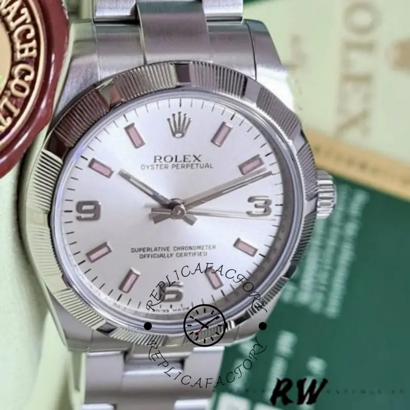 Rolex Oyster Perpetual 177210 Silver Dial Pink Hour Markers 31mm Lady Replica Watch - QualitySwissReplica