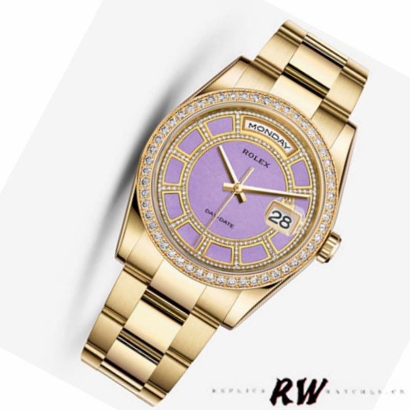 Rolex Day Date 118348 Lavender Jade Carousel Dial Yellow Gold 36mm Unisex Replica Watch - QualitySwissReplica