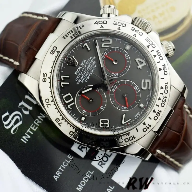 Rolex Daytona 116519 Grey Dial Brown Leather strap 40mm Mens Replica Watch - QualitySwissReplica