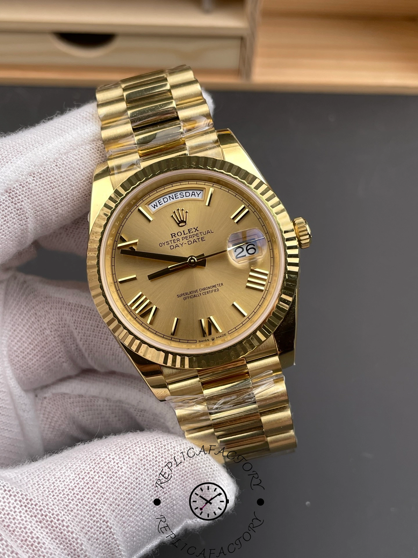 Rolex Day-Date 228238 Champagne Roman Dial Fluted Bezel 40mm Mens Replica Watch - QualitySwissReplica